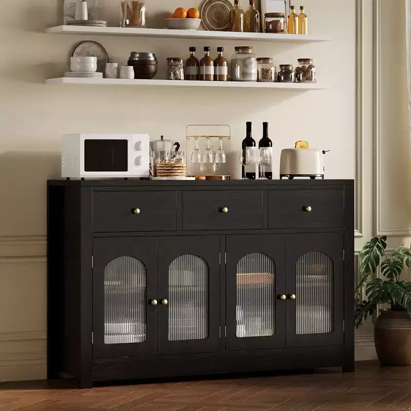 55 Meuble Buffet, Bar à café moderne avec portes cannelées en acrylique cintrées, 3 tiroirs et étagères réglables pour salle à manger et salon, Noir