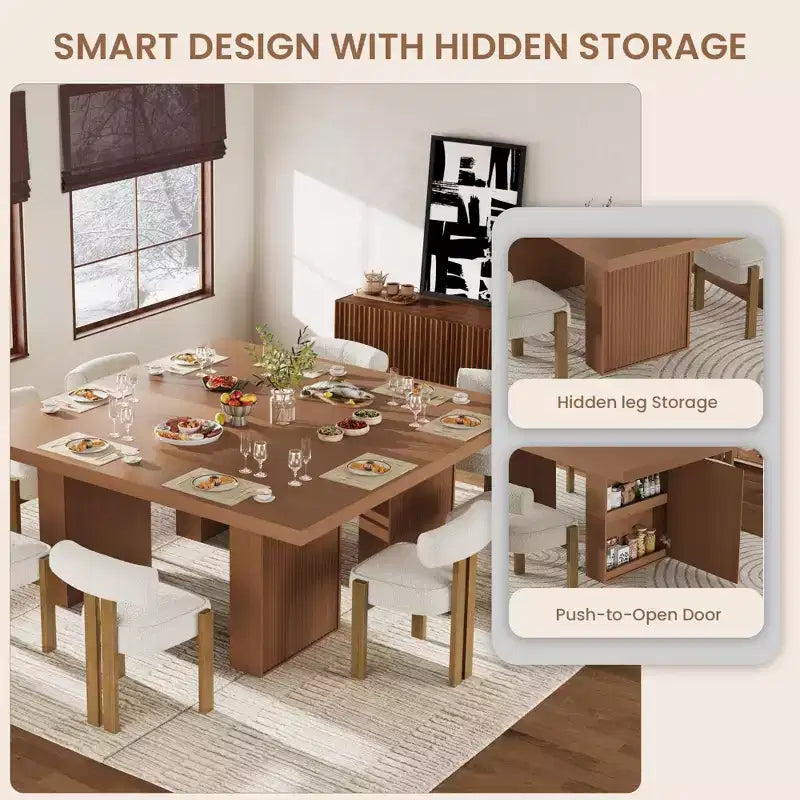 Table à manger rectangulaire moderne de 180 cm pour 6-10 personnes, plateau spacieux, pieds cannelés, rangement intégré, mobilier de maison contemporain, Gris/Naturel/Brun noyer