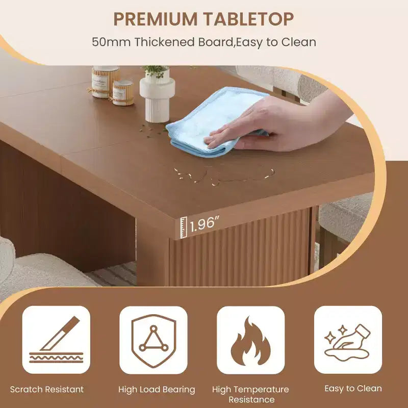 Table à manger rectangulaire moderne de 180 cm pour 6-10 personnes, plateau spacieux, pieds cannelés, rangement intégré, mobilier de maison contemporain, Gris/Naturel/Brun noyer