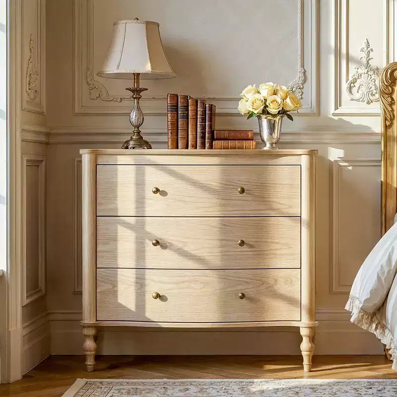 Homsee Table de Chevet en Bois, Commode à 3 Tiroirs, Commode Moderne à Façade Courbe avec Pieds Tournés Vintage
