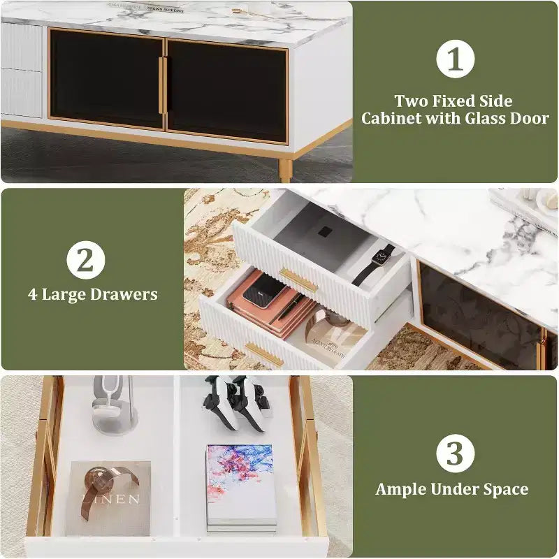 Grande table basse moderne avec plateau en faux marbre, 4 tiroirs et rangement avec porte vitrée, design à panneaux cannelés, compartiment caché pour le salon