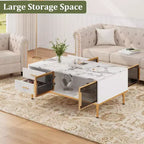Grande table basse moderne avec plateau en faux marbre, 4 tiroirs et rangement avec porte vitrée, design à panneaux cannelés, compartiment caché pour le salon