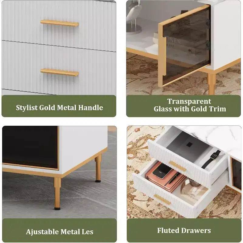 Grande table basse moderne avec plateau en faux marbre, 4 tiroirs et rangement avec porte vitrée, design à panneaux cannelés, compartiment caché pour le salon