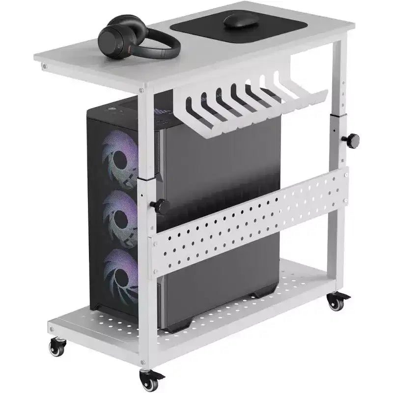 Adjustable 2-Tier Computer Tower Cart with Wheels, Mobile CPU Stand with Cable Management and Hooks, Compact Side Table for Gaming or Home Office