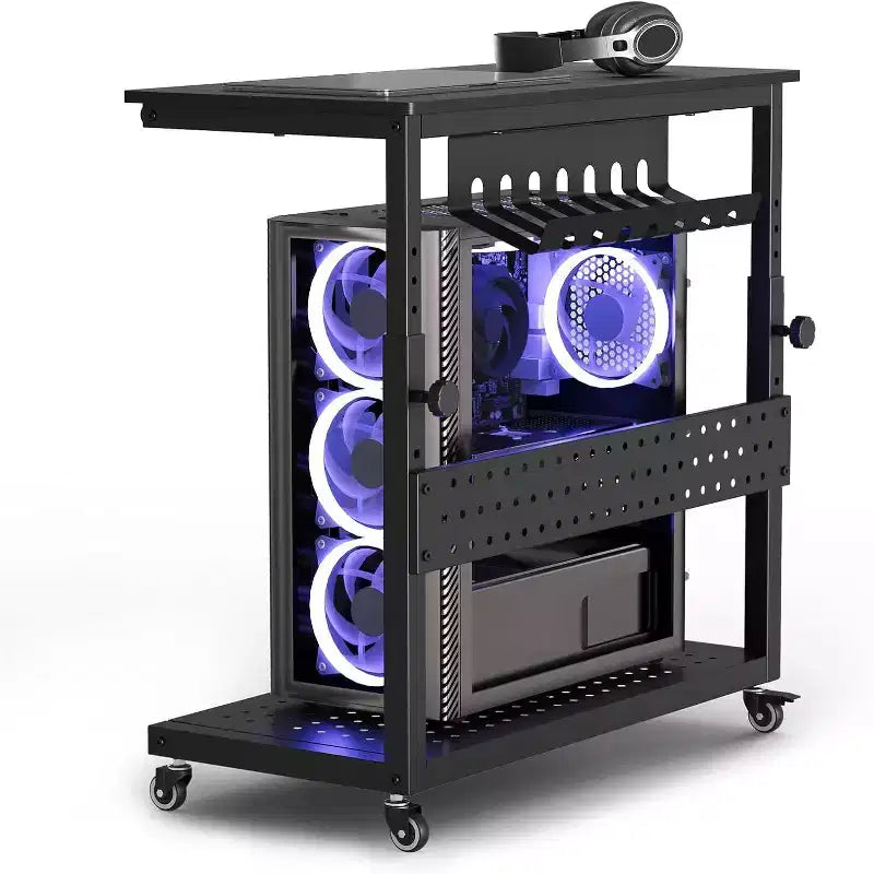 Chariot d'ordinateur réglable à 2 niveaux avec roulettes, support de tour CPU mobile avec gestion des câbles et crochets, table d'appoint compacte pour jeux ou bureau à domicile