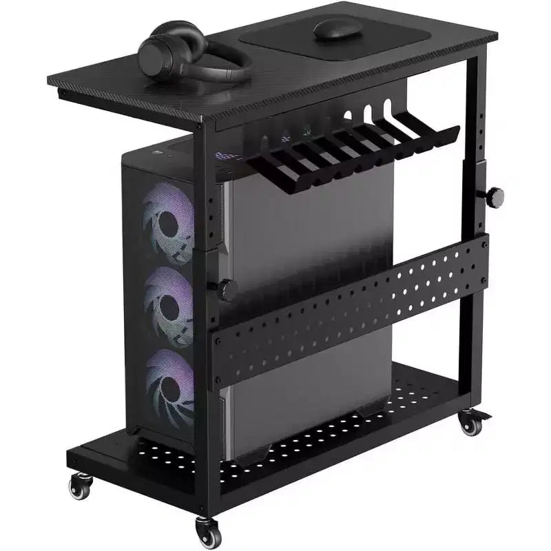 Chariot d'ordinateur réglable à 2 niveaux avec roulettes, support de tour CPU mobile avec gestion des câbles et crochets, table d'appoint compacte pour jeux ou bureau à domicile