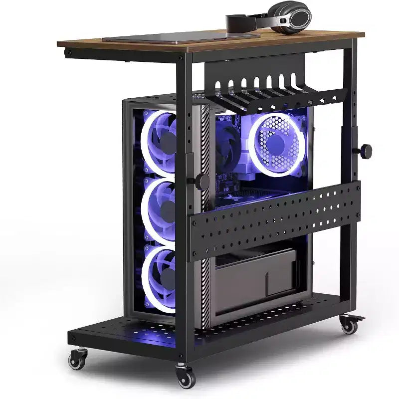 Chariot d'ordinateur réglable à 2 niveaux avec roulettes, support de tour CPU mobile avec gestion des câbles et crochets, table d'appoint compacte pour jeux ou bureau à domicile