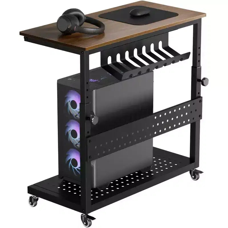 Chariot d'ordinateur réglable à 2 niveaux avec roulettes, support de tour CPU mobile avec gestion des câbles et crochets, table d'appoint compacte pour jeux ou bureau à domicile
