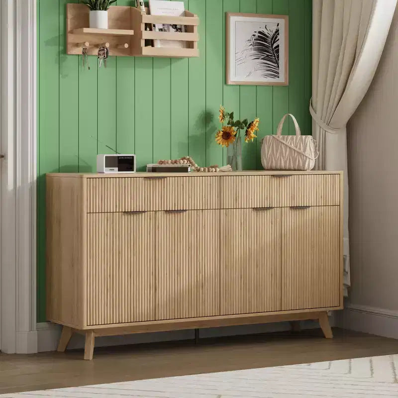 Buffet cannelé de 60 pouces avec 2 tiroirs et 4 portes, Buffet moderne avec rangement pour salle à manger, salon, entrée