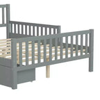 Lit plateforme entièrement en bois avec barrières de sécurité et 2 tiroirs de rangement, gris