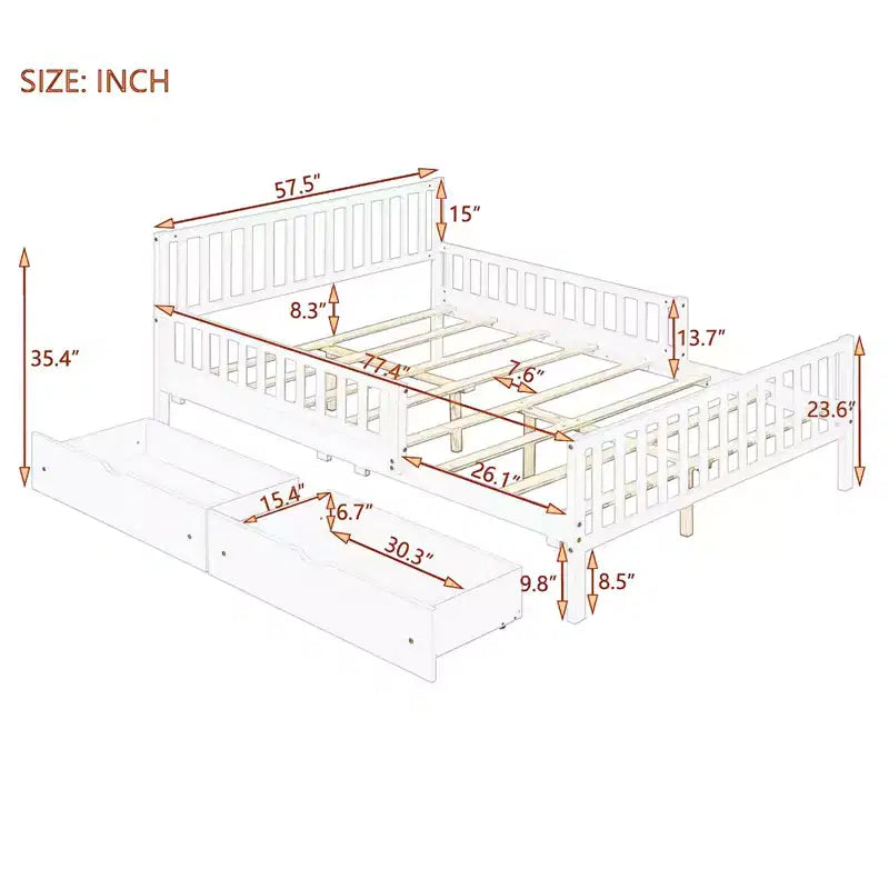 Lit plateforme entièrement en bois avec barrières de sécurité et 2 tiroirs de rangement, gris