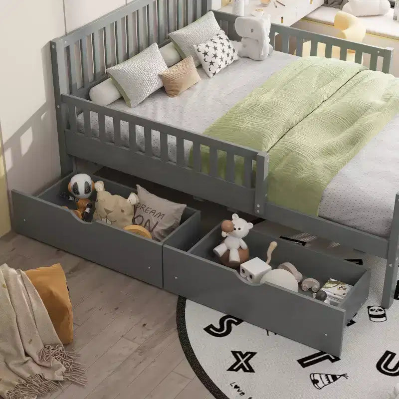 Lit plateforme entièrement en bois avec barrières de sécurité et 2 tiroirs de rangement, gris