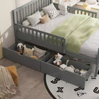 Lit plateforme entièrement en bois avec barrières de sécurité et 2 tiroirs de rangement, gris