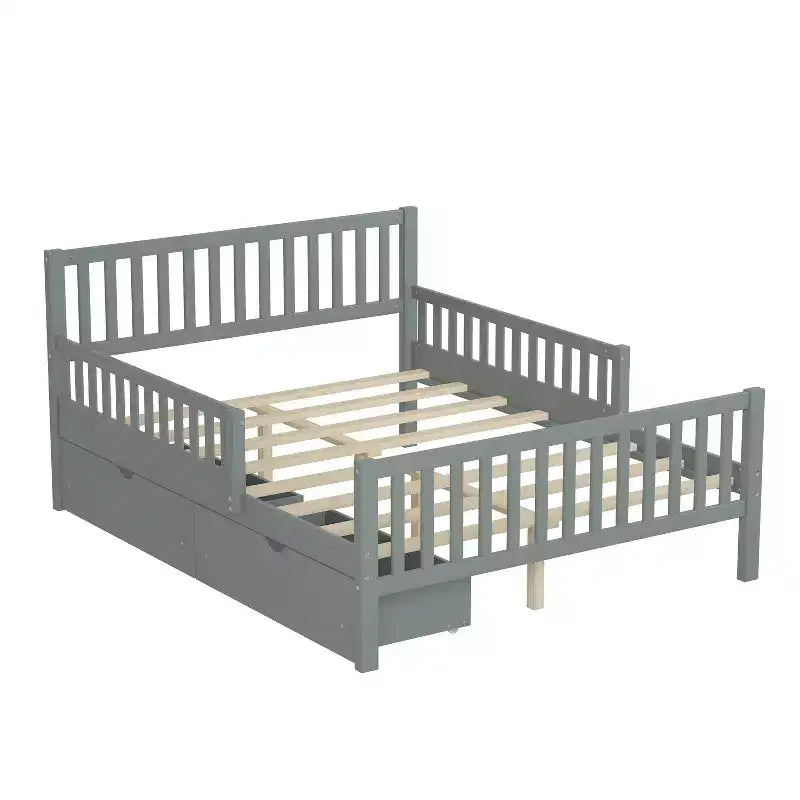 Lit plateforme entièrement en bois avec barrières de sécurité et 2 tiroirs de rangement, gris