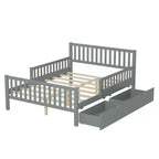 Lit plateforme entièrement en bois avec barrières de sécurité et 2 tiroirs de rangement, gris