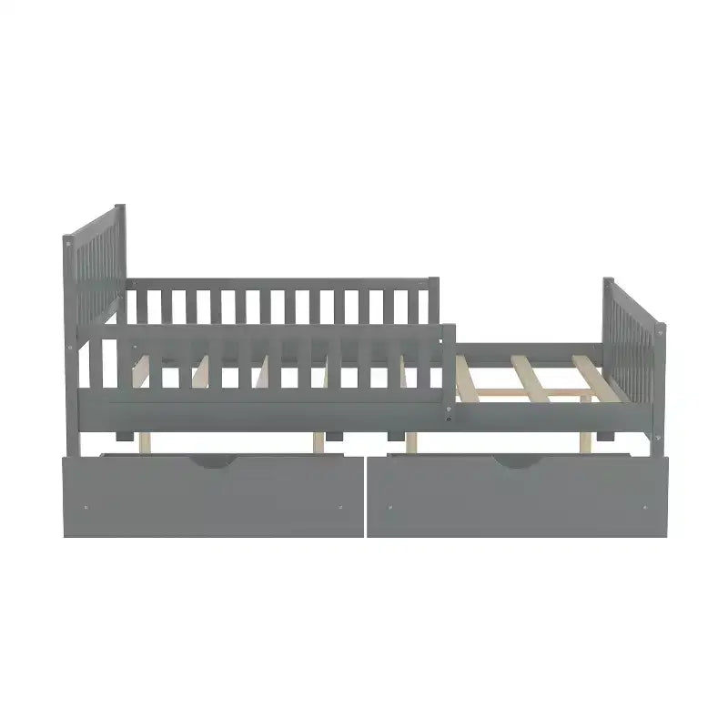 Lit plateforme entièrement en bois avec barrières de sécurité et 2 tiroirs de rangement, gris