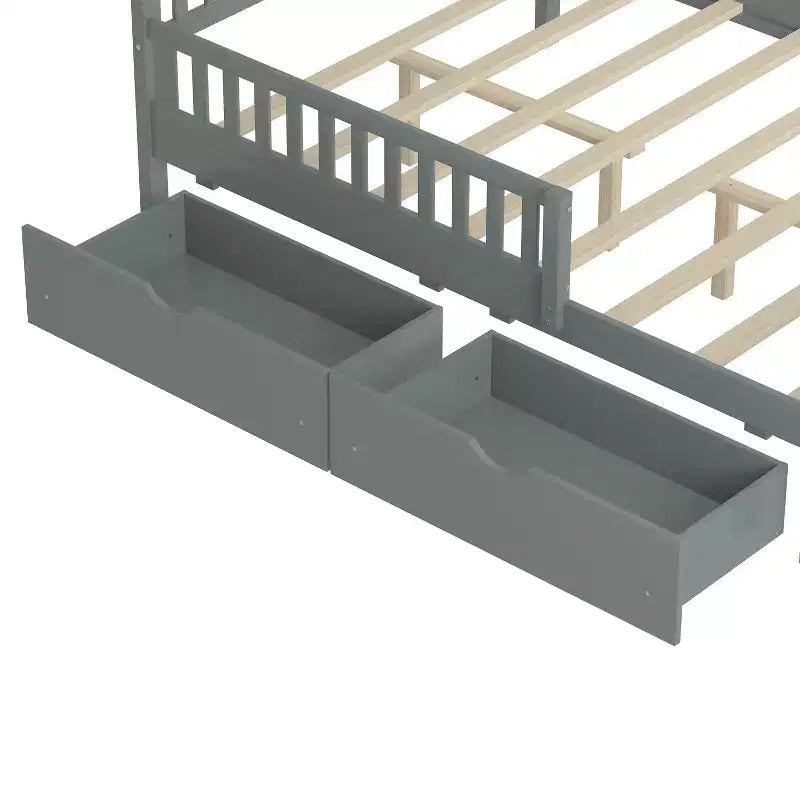 Lit plateforme entièrement en bois avec barrières de sécurité et 2 tiroirs de rangement, gris