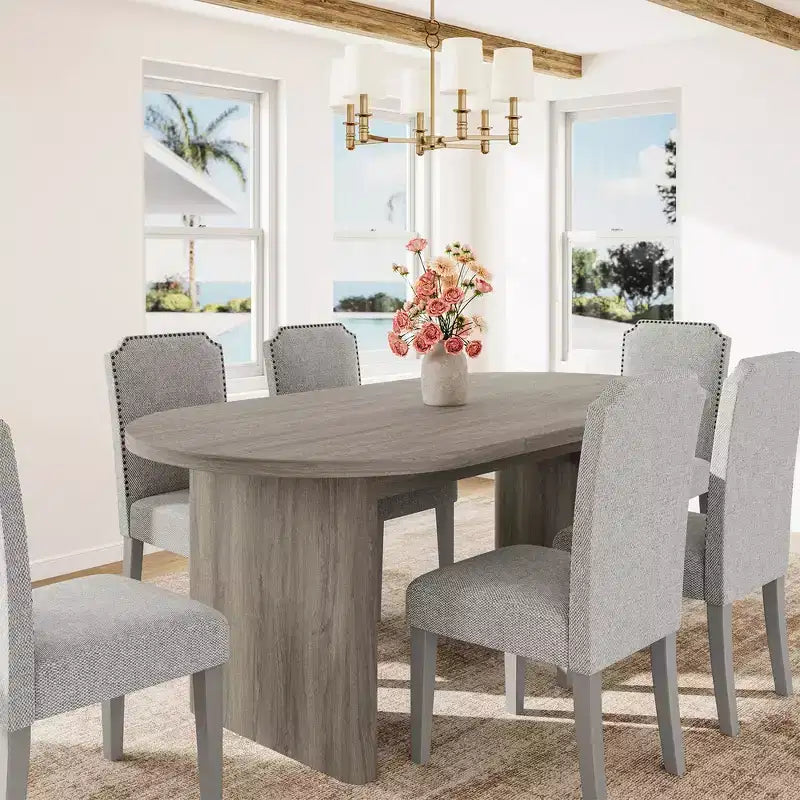 Ensemble table à manger ovale avec chaises de salle à manger rembourrées, table de cuisine avec base en bois robuste, chaise de salle à manger à dossier haut en bois massif pour la cuisine