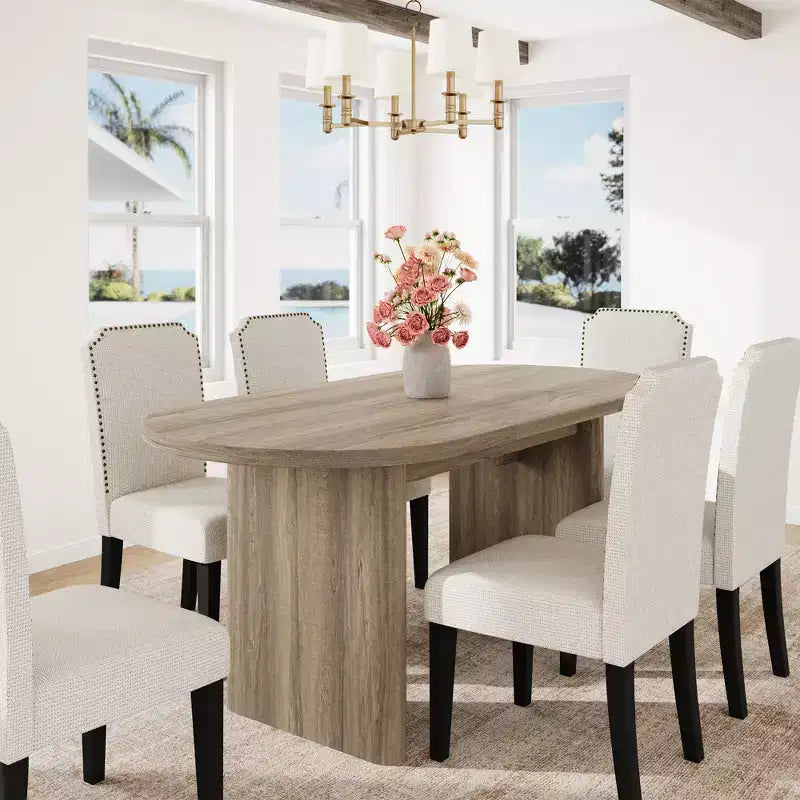 Ensemble table à manger ovale avec chaises de salle à manger rembourrées, table de cuisine avec base en bois robuste, chaise de salle à manger à dossier haut en bois massif pour la cuisine