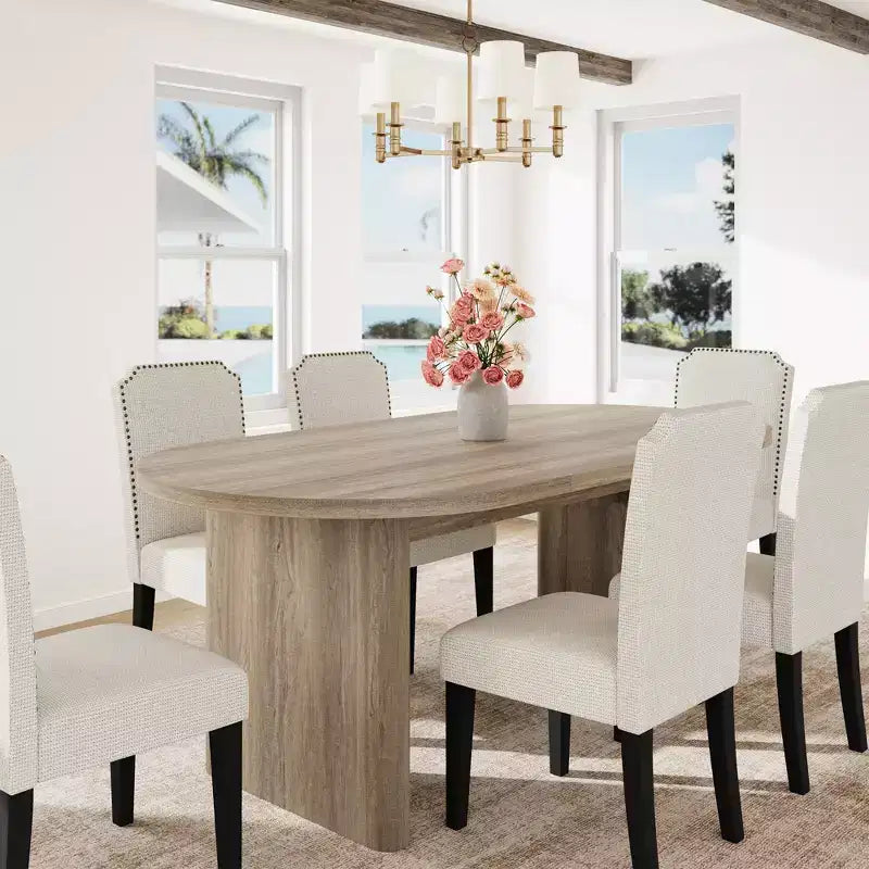 Ensemble table à manger ovale avec chaises de salle à manger rembourrées, table de cuisine avec base en bois robuste, chaise de salle à manger à dossier haut en bois massif pour la cuisine