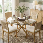 Modern Round Glass Dining Table Set for 4, Kitchen Dining Set with Upholstered Woven Back Chairs, Kitchen & Dining Room Furniture-Panipeachy