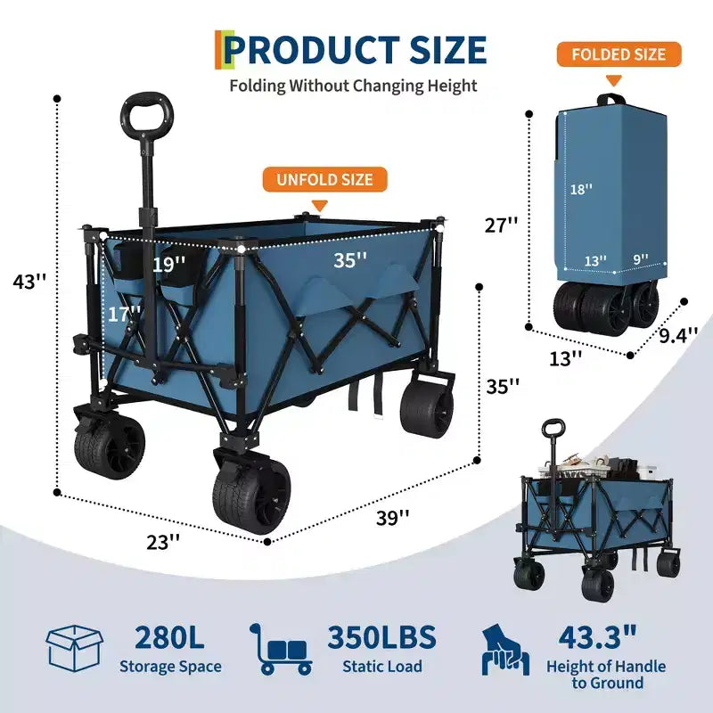 Chariot utilitaire pliable grand format ultra-résistant de 35 pouces, Chariot de jardin tout-terrain pliable, Capacité de 350 lb, Frein verrouillable, Porte-gobelets