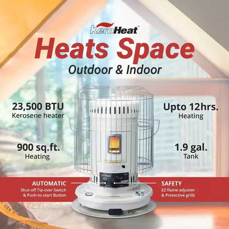 Sengoku CV 23K KeroHeat Chauffage d'appoint à convection au kérosène, efficace, portable, pour intérieur et extérieur, avec arrêt automatique de sécurité, 23 500 BTU, blanc