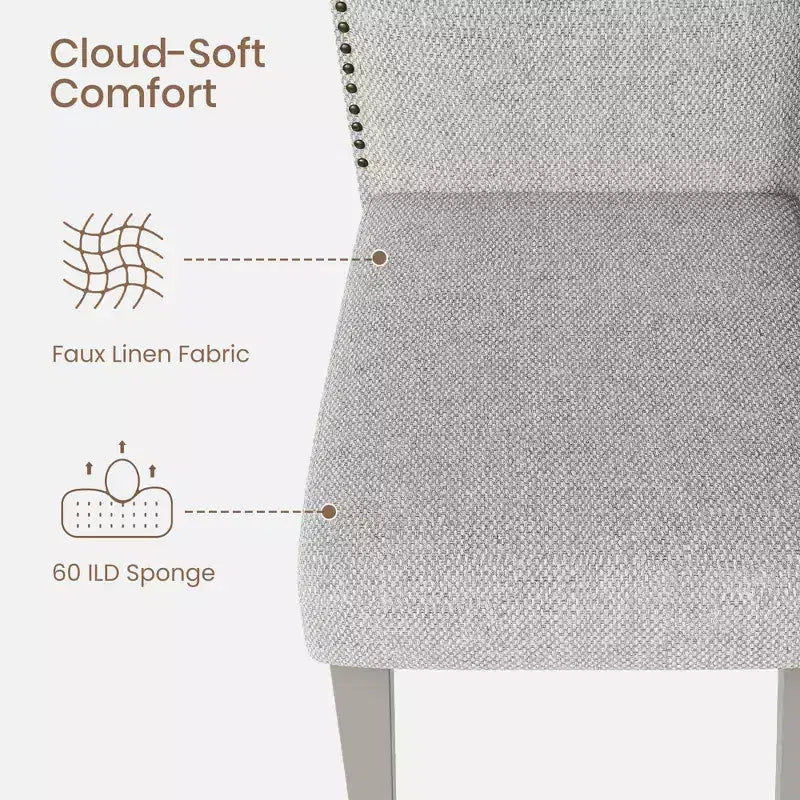 Lot de 2 chaises de salle à manger rembourrées avec pieds en bois, chaise d'appoint en tissu rembourrée à dossier haut avec garniture cloutée pour cuisine, salle à manger et restaurant