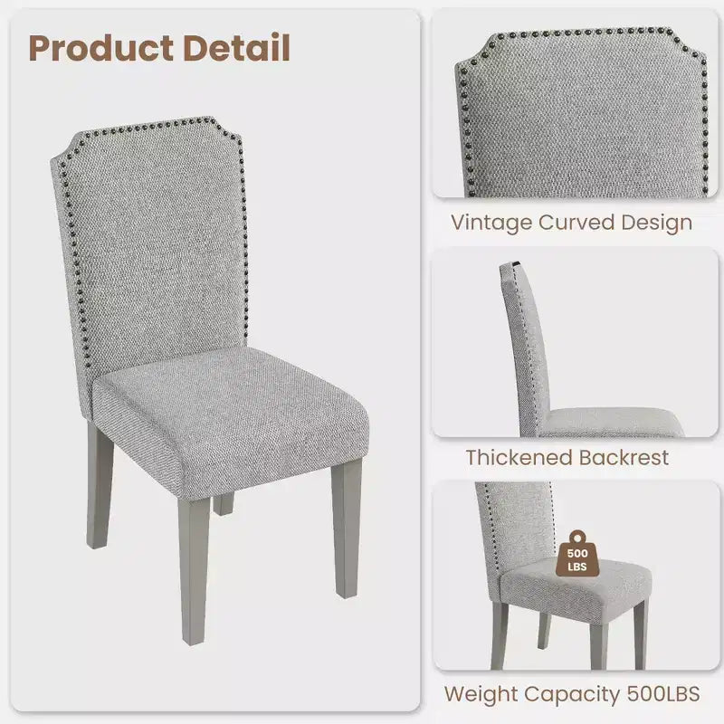 Lot de 2 chaises de salle à manger rembourrées avec pieds en bois, chaise d'appoint en tissu rembourrée à dossier haut avec garniture cloutée pour cuisine, salle à manger et restaurant