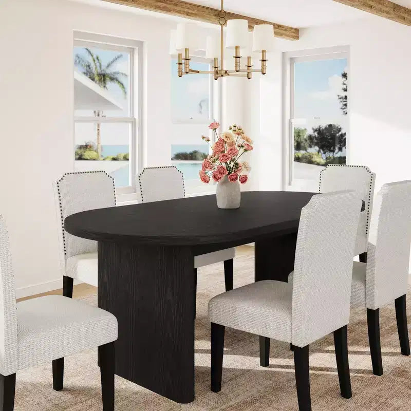 Lot de 2 chaises de salle à manger rembourrées avec pieds en bois, chaise d'appoint en tissu rembourrée à dossier haut avec garniture cloutée pour cuisine, salle à manger et restaurant