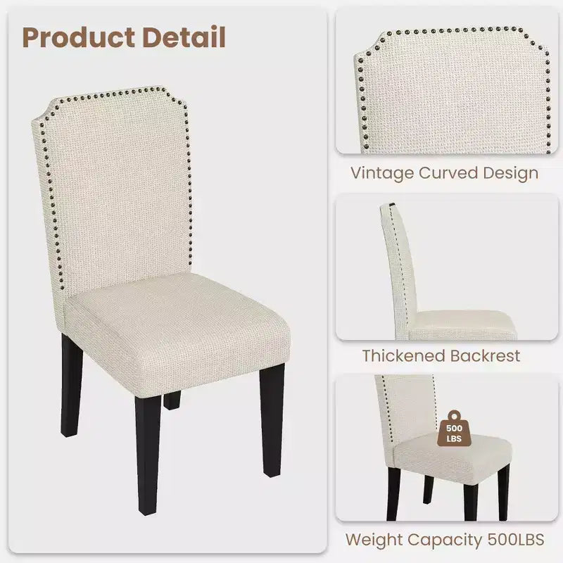 Lot de 2 chaises de salle à manger rembourrées avec pieds en bois, chaise d'appoint en tissu rembourrée à dossier haut avec garniture cloutée pour cuisine, salle à manger et restaurant