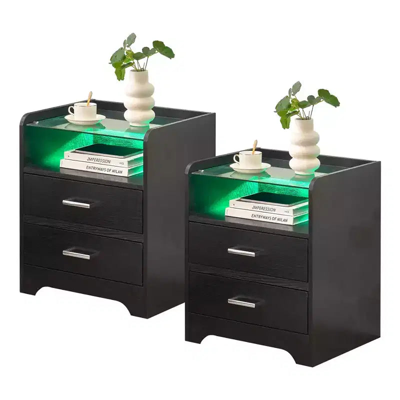 Table de chevet LED avec plateau en verre, table de chevet moderne en bois avec lumières LED, petite table d'appoint pour chambre à coucher, table d'appoint d'exposition pour salon