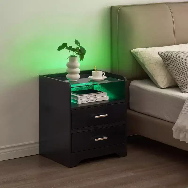 Table de chevet LED avec plateau en verre, table de chevet moderne en bois avec lumières LED, petite table d'appoint pour chambre à coucher, table d'appoint d'exposition pour salon