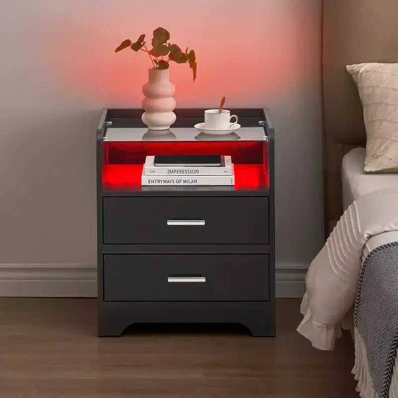 Table de chevet LED avec plateau en verre, table de chevet moderne en bois avec lumières LED, petite table d'appoint pour chambre à coucher, table d'appoint d'exposition pour salon