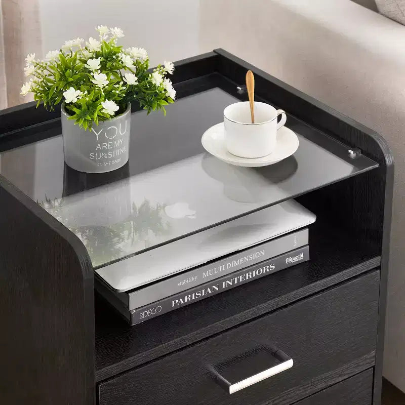 Table de chevet LED avec plateau en verre, table de chevet moderne en bois avec lumières LED, petite table d'appoint pour chambre à coucher, table d'appoint d'exposition pour salon
