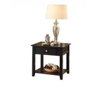 Table d'appoint carrée HomeRoots 22 en bois manufacturé noir avec tiroir et étagère