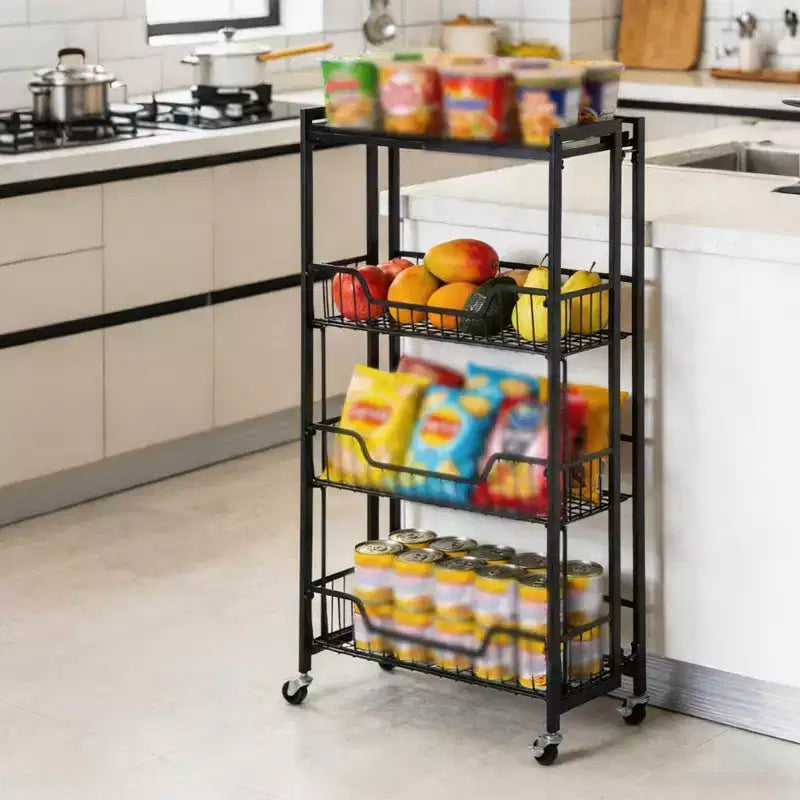 3-Tier Collapsible Kitchen Storage Cart, Iron Frame & Shelves, Space-Saving Pantry Organizer for Fruit, Snacks, Utility Cart with Locking Casters
