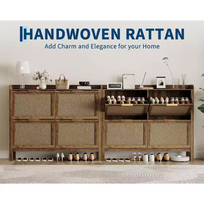 Meuble à chaussures étroit en rotin GustoWave avec 4 tiroirs basculants, marron