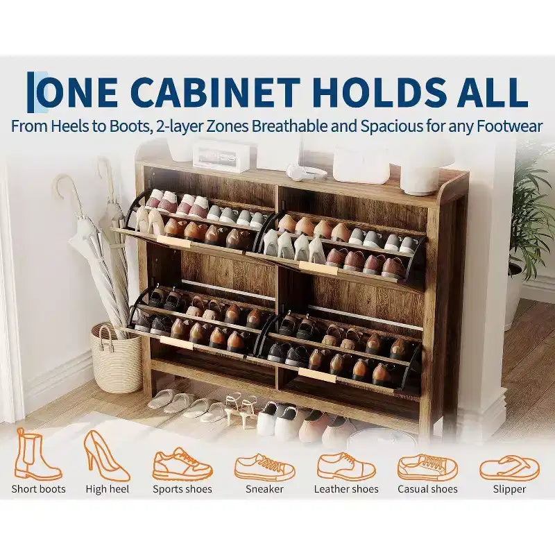 Meuble à chaussures étroit en rotin GustoWave avec 4 tiroirs basculants, marron