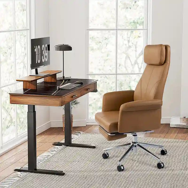 Fauteuil de bureau ergonomique moderne pivotant à dossier haut et réglable de 49H avec accoudoir et repose-pieds extensible