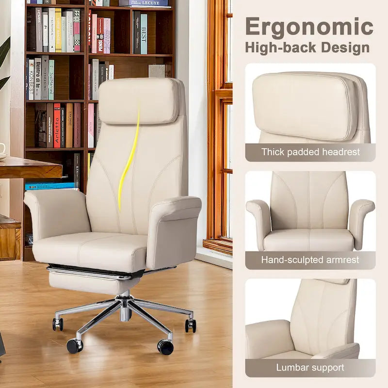 Fauteuil de bureau ergonomique moderne pivotant à dossier haut et réglable de 49H avec accoudoir et repose-pieds extensible