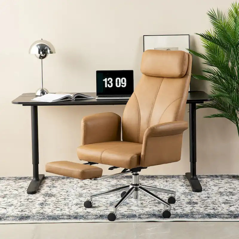 Fauteuil de bureau ergonomique moderne pivotant à dossier haut et réglable de 49H avec accoudoir et repose-pieds extensible