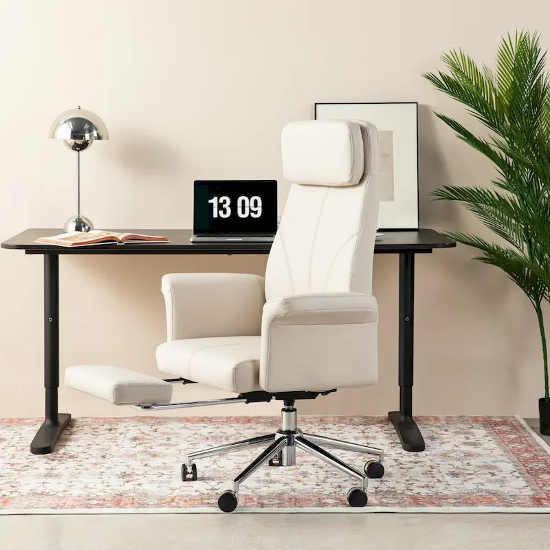 Fauteuil de bureau ergonomique moderne pivotant à dossier haut et réglable de 49H avec accoudoir et repose-pieds extensible