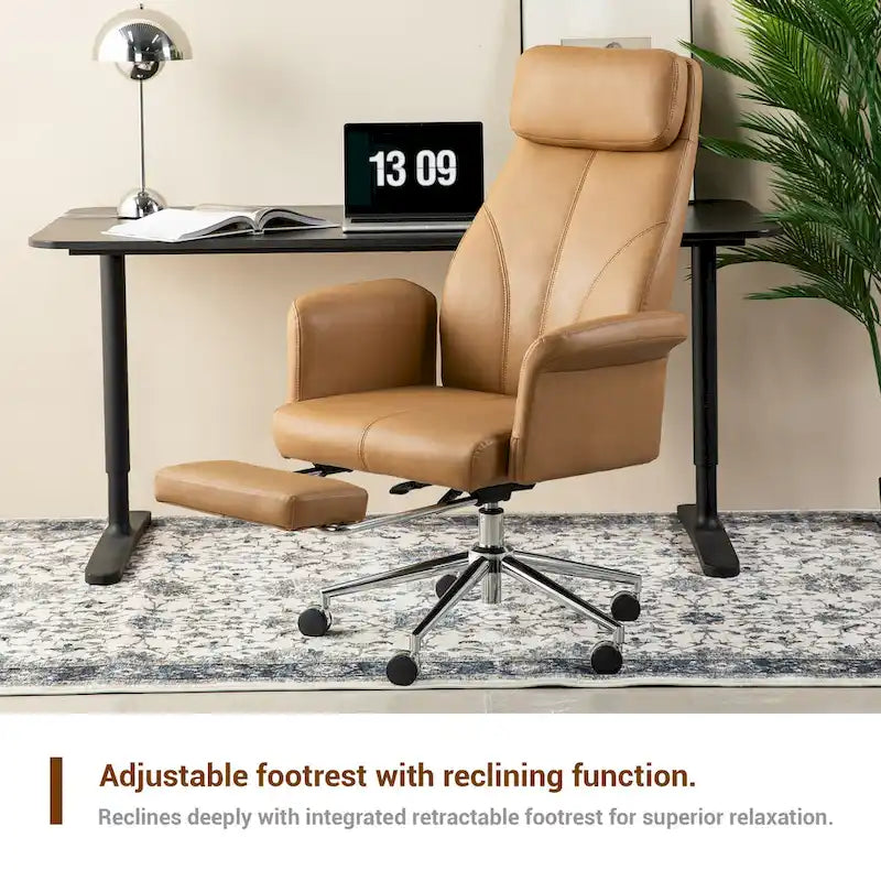 Fauteuil de bureau ergonomique moderne pivotant à dossier haut et réglable de 49H avec accoudoir et repose-pieds extensible