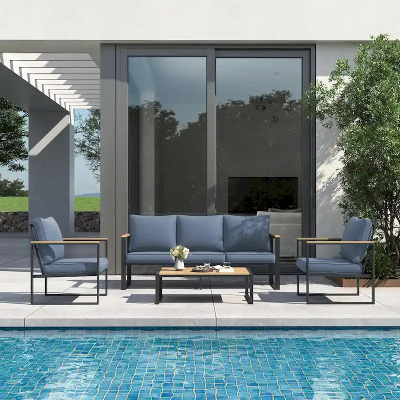 4-Piece Modern Outdoor Sofa Set - Iron Frame with Grey Cushions and Faux Wood Grain Coffee Table