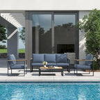 Ensemble de canapés de jardin moderne 4 pièces – Structure en fer avec coussins gris et table basse aspect bois