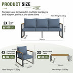 4-Piece Modern Outdoor Sofa Set - Iron Frame with Grey Cushions and Faux Wood Grain Coffee Table