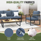 4-Piece Modern Outdoor Sofa Set - Iron Frame with Grey Cushions and Faux Wood Grain Coffee Table