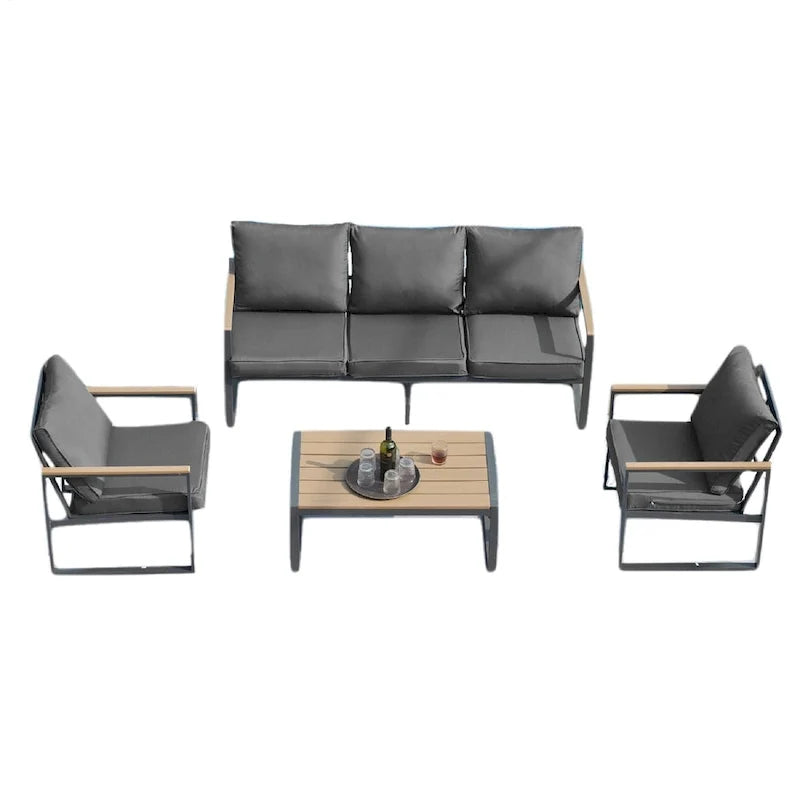4-Piece Modern Outdoor Sofa Set - Iron Frame with Grey Cushions and Faux Wood Grain Coffee Table