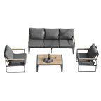 4-Piece Modern Outdoor Sofa Set - Iron Frame with Grey Cushions and Faux Wood Grain Coffee Table